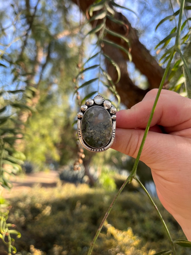 Size 8 Moss Agate Gemstone Ring, Inspired by Nature, Handmade sterling silver ring, unique gift for her, one of a king ring, boho chic ring image 3