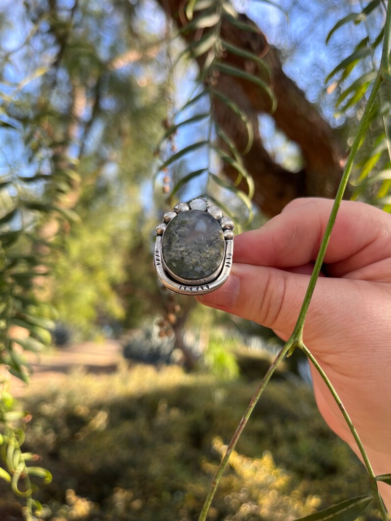 Size 8 Moss Agate Gemstone Ring, Inspired by Nature, Handmade sterling silver ring, unique gift for her, one of a king ring, boho chic ring image 4