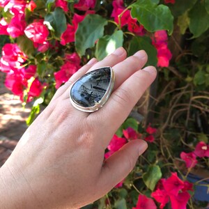 Size 9 Rutilated quartz statement ring, sterling silver star ring, large black teardrop gemstone ring, dark academia ring, goth core jewelry image 6