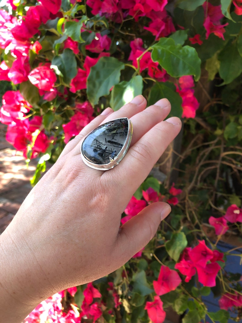 Size 9 Rutilated quartz statement ring, sterling silver star ring, large black teardrop gemstone ring, dark academia ring, goth core jewelry image 6
