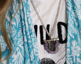 Collana di ametista argento ciondolo pietra preziosa fatto a mano collana di cristallo ametista grande ciondolo pietra preziosa collana lunga in argento ametista
