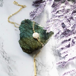pearl lariat necklace long lariat necklace Long layering necklace, gold bar lariat necklace long boho necklace, mother of pearl necklace