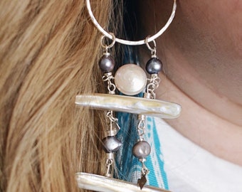 beach boho statement earrings pearl long silver dangle earrings shell