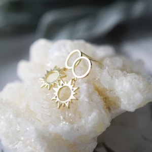 sun stud earrings, gold stud earrings, gold dangle sun earrings, celestial earrings, pave charm earrings, simple gold earrings, dangle studs