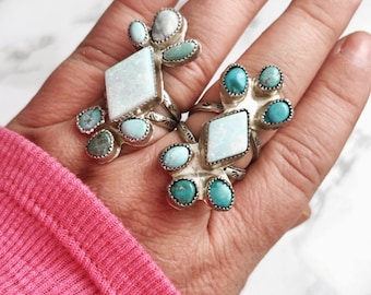 Opal and turquoise statement ring, large Opal gemstone ring, sterling silver turquoise and Opal ring
