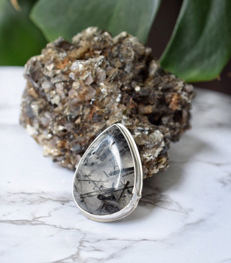 Size 9 Rutilated quartz statement ring, sterling silver star ring, large black teardrop gemstone ring, dark academia ring, goth core jewelry image 5