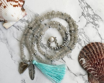 Collana con perline scintillanti Collana lunga con nappe boho in argento Collana lunga con perline Ciondolo con nappa blu in argento sterling da 32 pollici