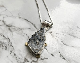 Sevilla Necklace, Dendritic Agate in Sterling Silver and Brass, 18 inch box chain