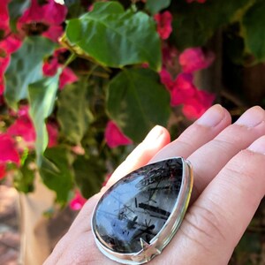 Size 9 Rutilated quartz statement ring, sterling silver star ring, large black teardrop gemstone ring, dark academia ring, goth core jewelry image 2