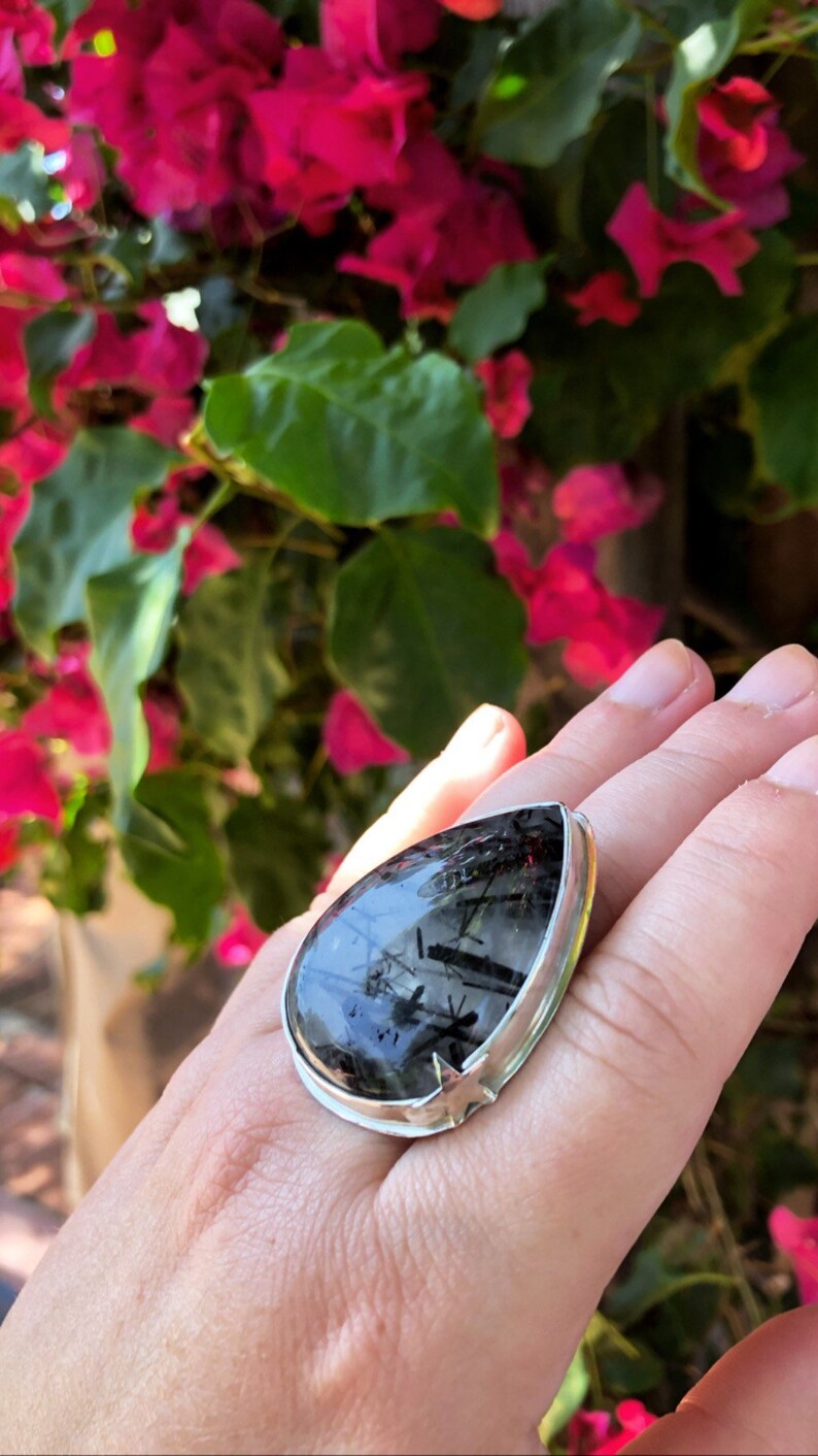 Size 9 Rutilated quartz statement ring, sterling silver star ring, large black teardrop gemstone ring, dark academia ring, goth core jewelry image 2