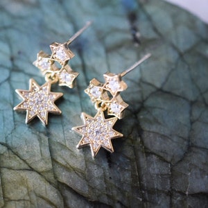 Star stud earrings, gold star earrings, Gold dangle earrings, everyday earrings, cubic zirconia earrings,