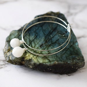Silver Moonstone Hoop Earrings / Moonstone Gemstone Earrings / Large Silver Hoop Earrings / 2 inch Silver Hoops / Hoops with White Bead