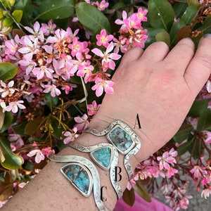 Hand stamped silver cuff, sterling silver Chrysocolla bracelet, 7 inch cuff, plus size jewelry gift for best friend image 10