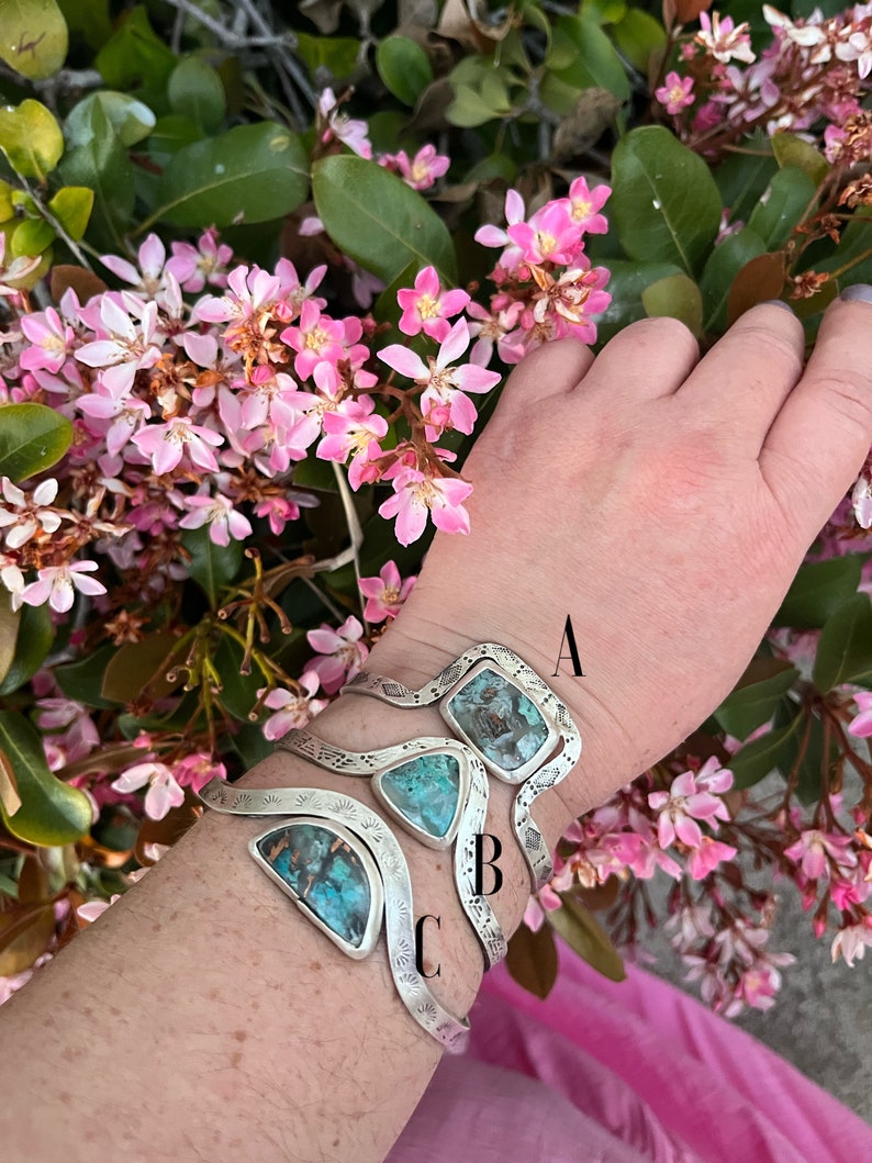 Hand stamped silver cuff, sterling silver Chrysocolla bracelet, 7 inch cuff, plus size jewelry gift for best friend image 10