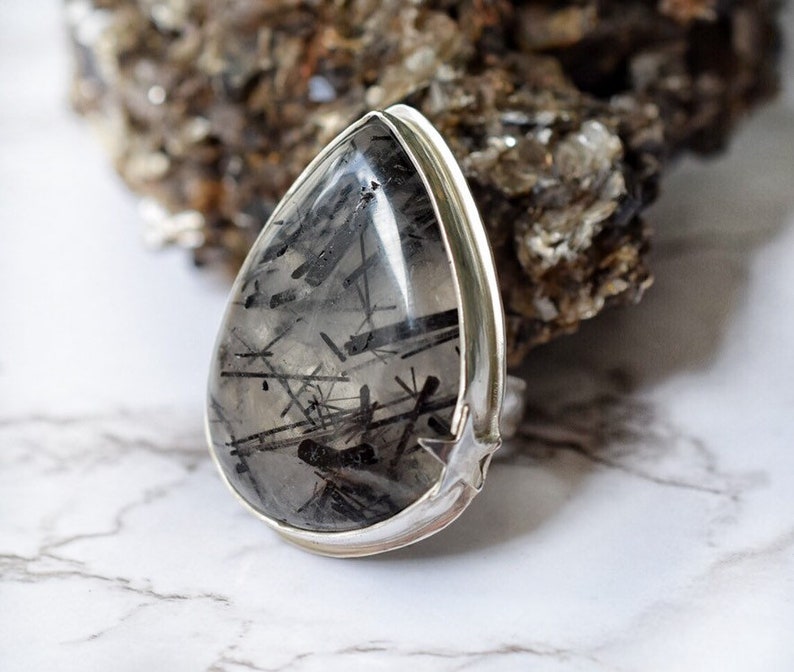 Size 9 Rutilated quartz statement ring, sterling silver star ring, large black teardrop gemstone ring, dark academia ring, goth core jewelry image 1