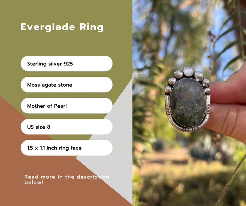 Size 8 Moss Agate Gemstone Ring, Inspired by Nature, Handmade sterling silver ring, unique gift for her, one of a king ring, boho chic ring image 2