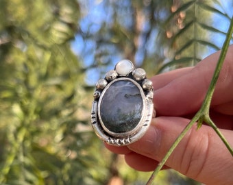 Size 7 Moss Agate Gemstone Ring, Handcrafted sterling silver stamped ring, Unique gifts for her, artisan handcrafted silver ring chunky ring