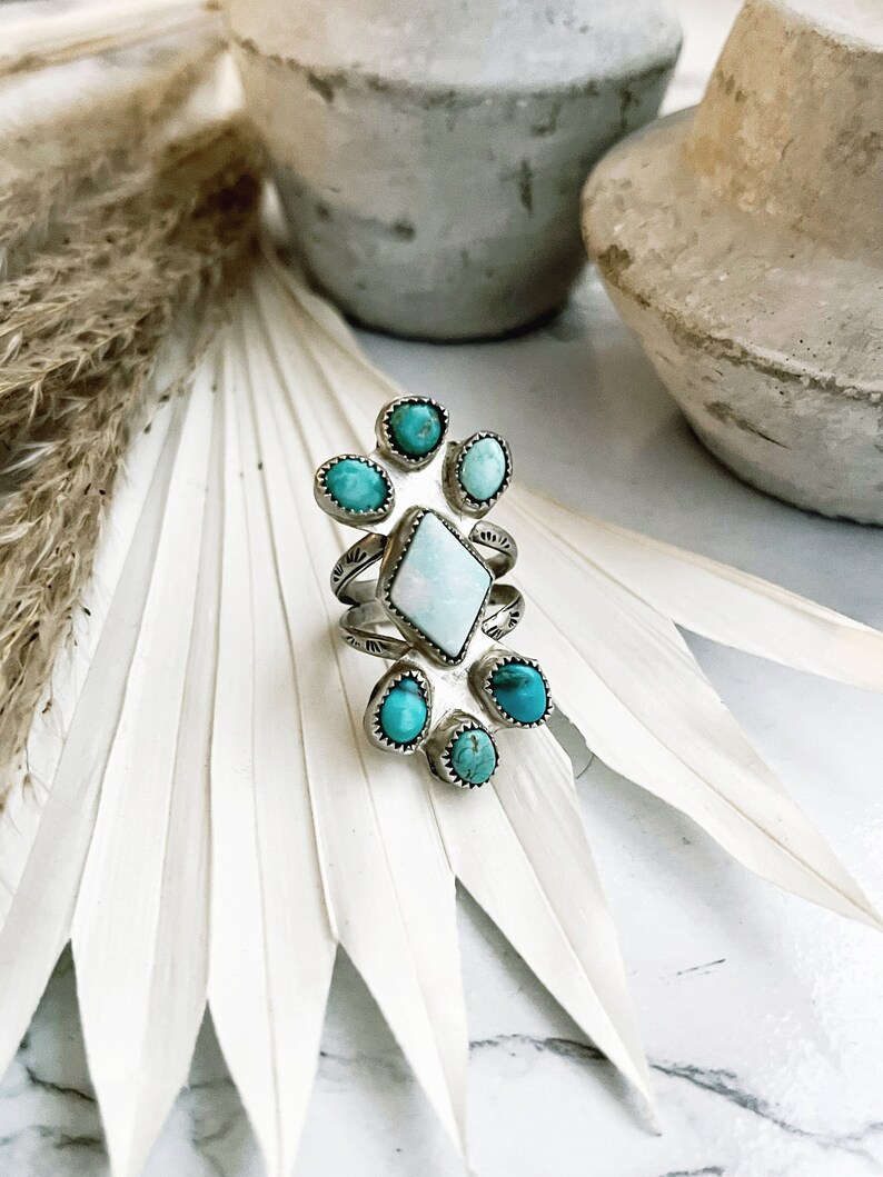 Opal and turquoise statement ring, large Opal gemstone ring, sterling silver turquoise and Opal ring 9 1/2 US