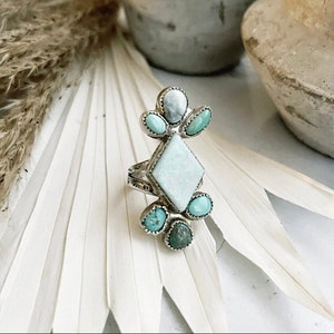 Opal and turquoise statement ring, large Opal gemstone ring, sterling silver turquoise and Opal ring 8 1/2 US