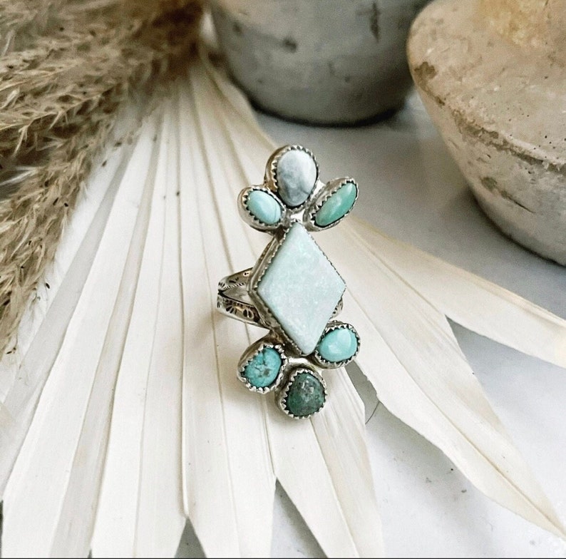 Opal and turquoise statement ring, large Opal gemstone ring, sterling silver turquoise and Opal ring 8 1/2 US