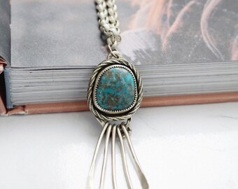 Collana con frange in argento turchese Royston, collana boho in argento, autentico gioiello in turchese, collana lunga in turchese unica nel suo genere