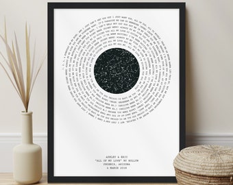 Anniversary Gift for Husband, Personalized Song Lyric Star Map Print, First Wedding Anniversary Gift for Wife, Engagement Gifts for Him