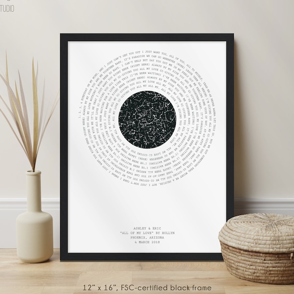 Regalo de aniversario para marido, impresión de mapa de estrella de letra de canción personalizada, primer regalo de aniversario de boda para esposa, regalos de compromiso para él