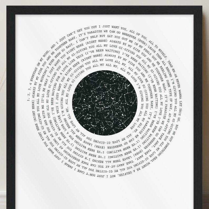 May include: A black and white print of a constellation with a circle of lyrics around it. The lyrics are from the song "All of Me" by John Legend. The lyrics include the phrases "I just want you", "all of you", "all to myself", "always by my side", "give you all my love", and "I've been waiting".