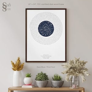 May include: A dark blue and white star map print with a circle of lyrics from the song "All of My Love" by Hollyn. The print is framed in a dark wood frame and measures 18 inches by 24 inches. The text below the star map reads "Ashley & Eric, "All of My Love" by Hollyn, Phoenix, Arizona, 4 March 2018".