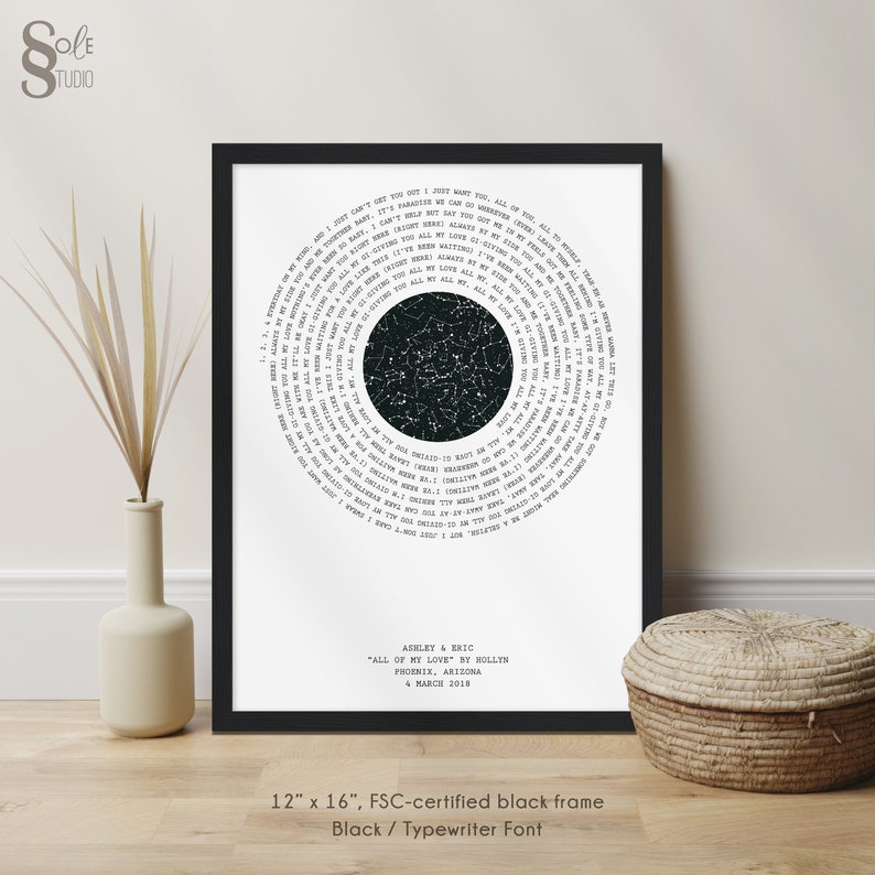 Anniversary Gift for Husband, Personalized Song Lyric Star Map Print, First Wedding Anniversary Gift for Wife, Engagement Gifts for Him Black Frame