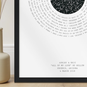 May include: Black and white print with a constellation design and text that reads "But I just don't care I swear I just want you..." and "All of my love" by Hollyn. The print also includes the names Ashley & Eric, the date 4 March 2018, and the location Phoenix, Arizona.