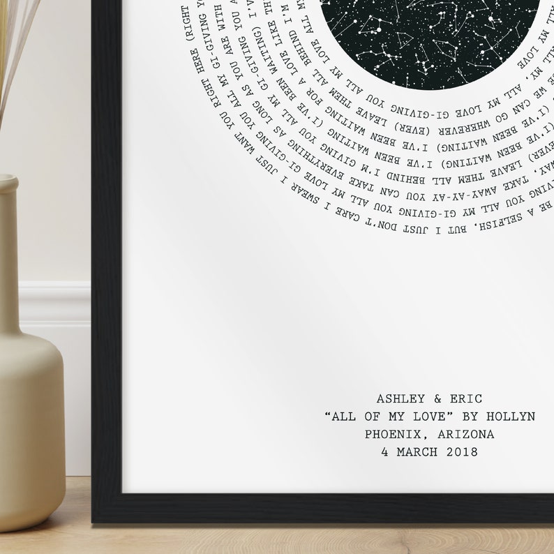 May include: Black and white print with a constellation design and text that reads "But I just don't care I swear I just want you..." and "All of my love" by Hollyn. The print also includes the names Ashley & Eric, the date 4 March 2018, and the location Phoenix, Arizona.