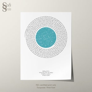 May include: A turquoise blue circular print with a constellation design in the center. The print features lyrics from the song "All of My Love" by Hollyn, with the names Ashley & Eric, the date 4 March 2018, and the location Phoenix, Arizona.