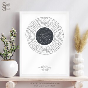 May include: A white framed print with a dark gray star map in the center surrounded by a spiral of cursive text. The text includes the names Ashley and Eric, the song "All of My Love" by Hollyn, the location Phoenix, Arizona, and the date 4 March 2018. The print is 12 inches by 16 inches and has a white frame.