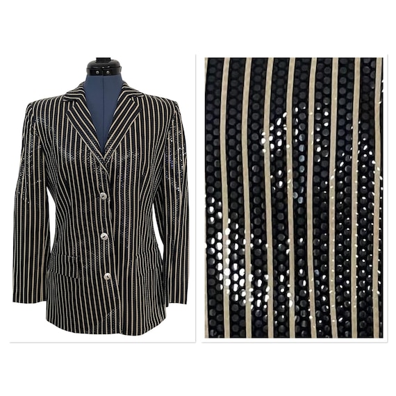Valentino Boutique / Miss V, Vtg Valentino Miss V Black Tan Sequin Stripe Blazer Jacket Beetlejuice Glam 8 42