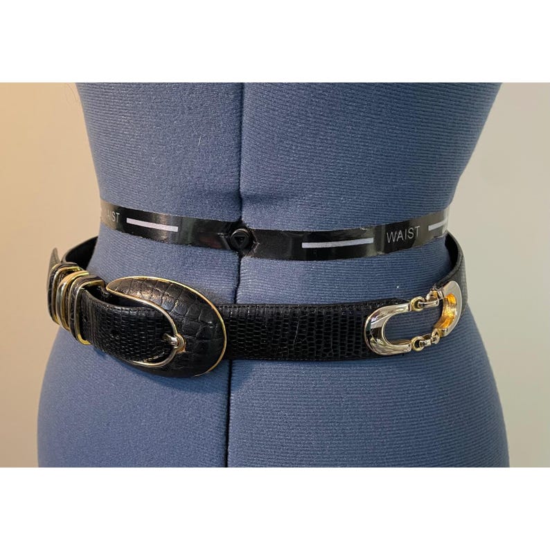 Vtg Cale Sarah Peck Black Lizard Crocodile Leather Belt Silver Gold Accents M image 12