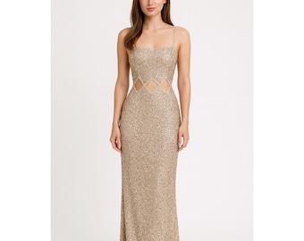 SCALA Silk Sequin Cutout Maxi Dress Evening Gown Formal Holiday Gold Ivory XS