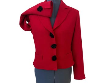 Teri Jon Freeman Red Wool Crop Blazer Jacket Black Flower Buttons Holiday Chic 8