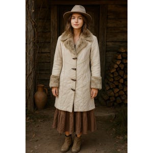 Montanaco Patchwork Kunstwildleder Fellbesatz Midi Mantel Knebelverschluss Penny Lane Y2K M