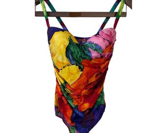 Vtg Gottex Abstract Floral Watercolor One Piece Swimsuit 90s 80s Retro Beach 12