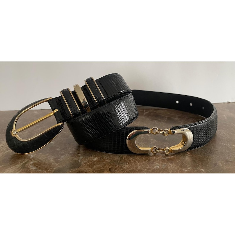 Vtg Cale Sarah Peck Black Lizard Crocodile Leather Belt Silver Gold Accents M image 1