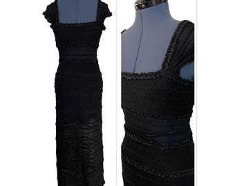 Tadashi Black Beaded Ruffle Tiered Sheer Mesh Bands Maxi Formal Dress Y2K Prom S