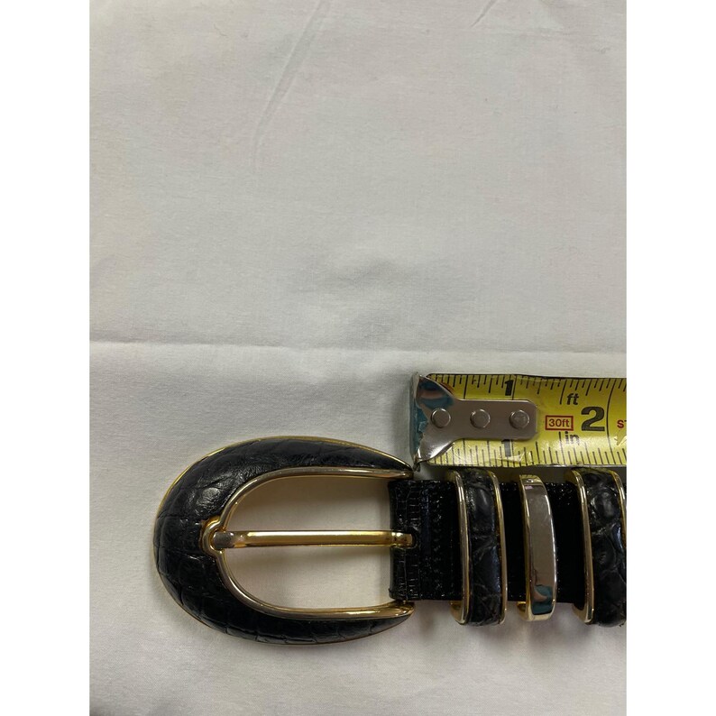 Vtg Cale Sarah Peck Black Lizard Crocodile Leather Belt Silver Gold Accents M image 8