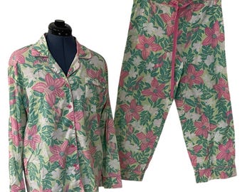 Conjunto de pijama floral vintage de Lilly Pulitzer, blusa con botones, pantalón estilo jersey, estilo costero chic, talla M