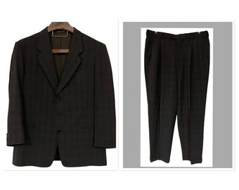 Vtg Giorgio Armani Le Collezioni Hombres Comprobar Pantalón Plisado Traje Lana Gris Marrón 44R