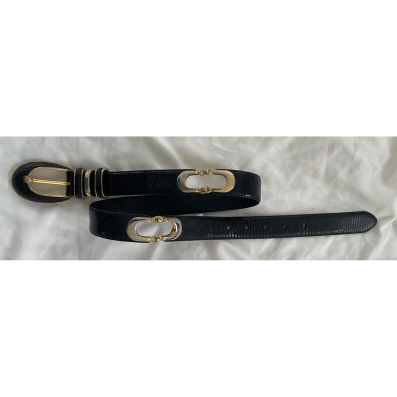 Vtg Cale Sarah Peck Black Lizard Crocodile Leather Belt Silver Gold Accents M image 4