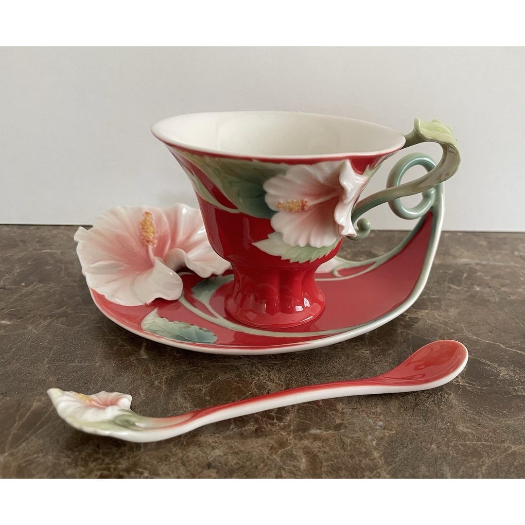 FRANZ Collection Island Beauty Hibiscus Cup Saucer Set W Spoon