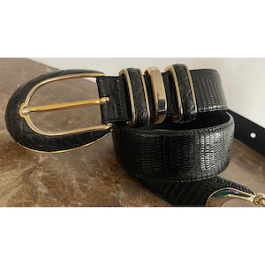 Vtg Cale Sarah Peck Black Lizard Crocodile Leather Belt Silver Gold Accents M image 3