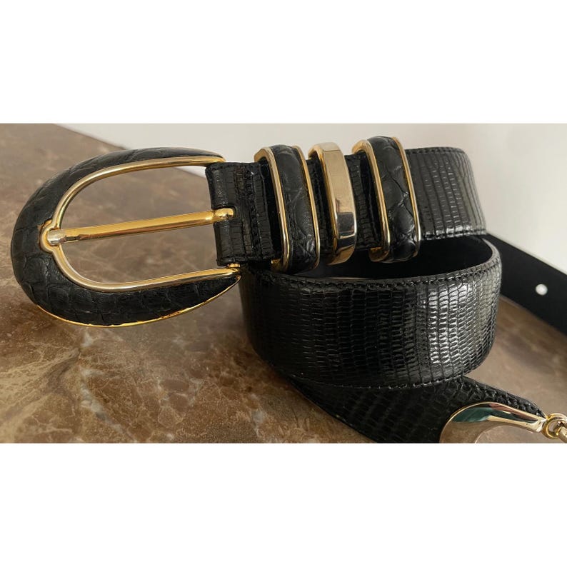 Vtg Cale Sarah Peck Black Lizard Crocodile Leather Belt Silver Gold Accents M image 3