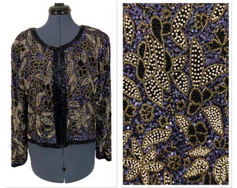 VTG Stenay Lila Gold Blumen Perlen Seide Abend Crop Jacke Bolero Glam XL